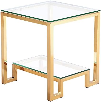 זכוכית סוף שולחן, מודרני כיכר צד שולחן עם זכוכית מדף 2 קומות קפה שולחן זהב נירוסטה מסגרת שולחן לסלון, מרפסת, חדר שינה